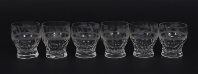 ETCHED CRYSTAL FOREST SCENE LIQUOR & CORDIAL GLASSES