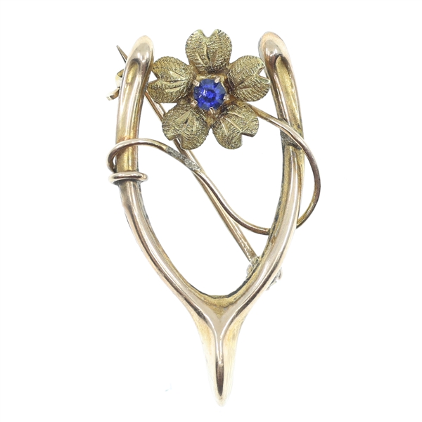 10K YELLOW GOLD HORSESHOE FLOWER BROOCH PIN
