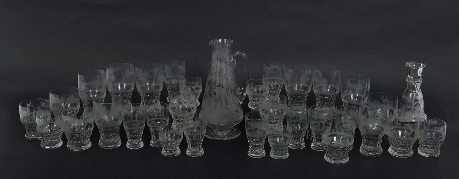 ETCHED CRYSTAL FOREST SCENE GLASSES & PITCHER