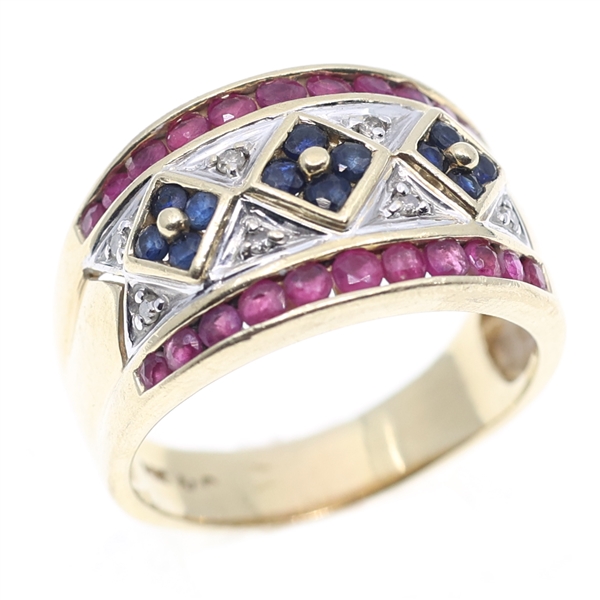 14K YELLOW GOLD RUBY, SAPPHIRE & DIAMOND RING