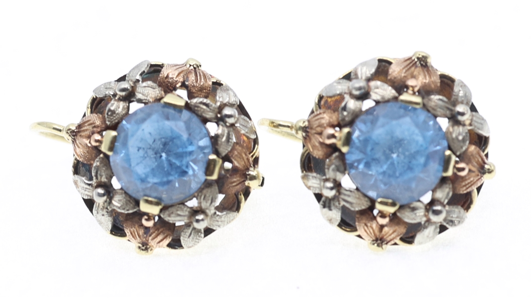 14K YELLOW WHITE ROSE GOLD & BLUE TOPAZ EARRINGS