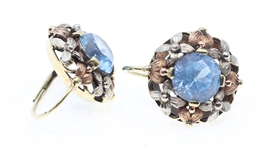 14K YELLOW WHITE ROSE GOLD & BLUE TOPAZ EARRINGS