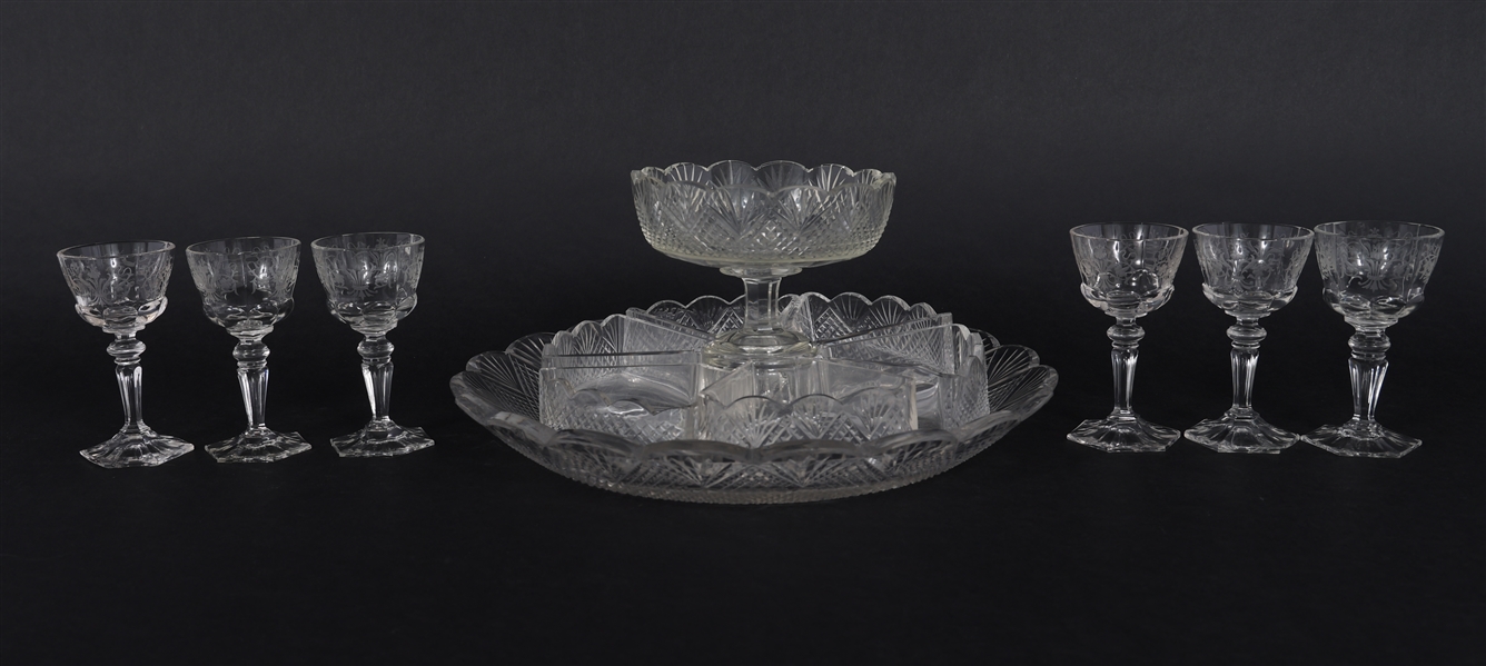 CUT GLASS SECTIONED SERVING TRAY & CORDIAL GLASSES