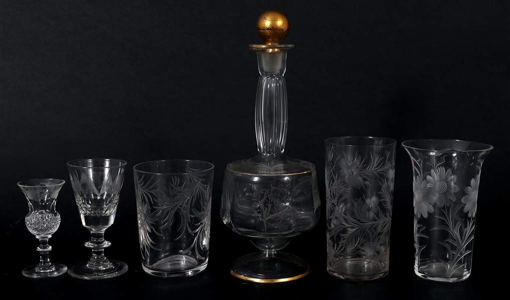 ETCHED GLASS & CRYSTAL DECANTER AND DRINKWARE