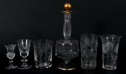 ETCHED GLASS & CRYSTAL DECANTER AND DRINKWARE