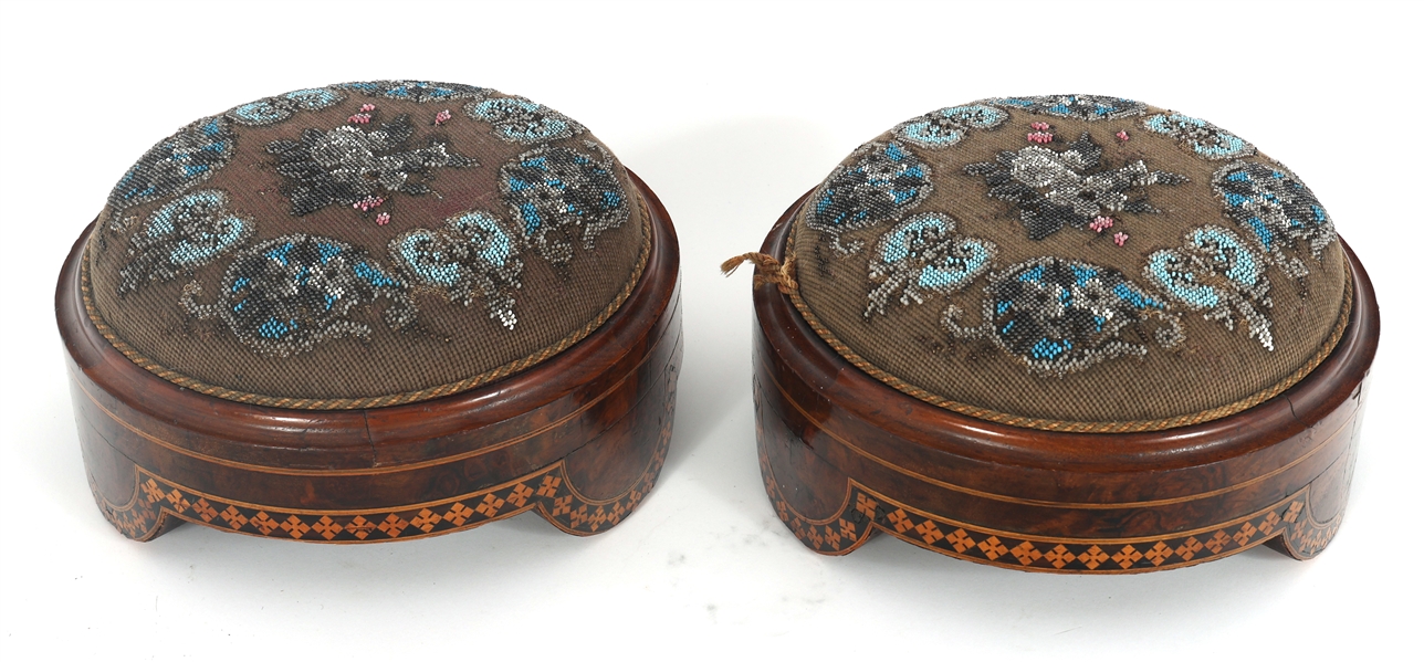 PAIR VICTORIAN BEADED GOUT FOOTSTOOLS