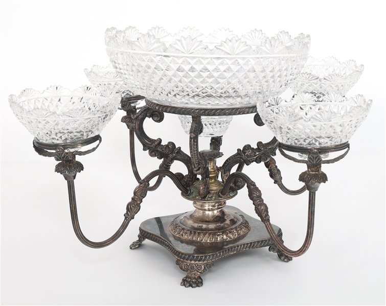 ENGLISH SILVERPLATE & CRYSTAL EPERGNE CENTERPIECE