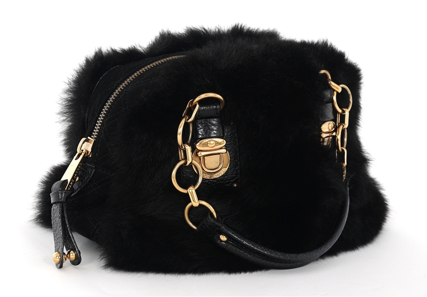 MARC JACOBS BLACK FAUX FUR & BRASS CHAIN BOWLING BAG