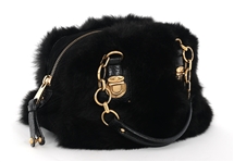 MARC JACOBS BLACK FAUX FUR & BRASS CHAIN BOWLING BAG