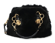 MARC JACOBS BLACK FAUX FUR & BRASS CHAIN BOWLING BAG