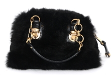 MARC JACOBS BLACK FAUX FUR & BRASS CHAIN BOWLING BAG