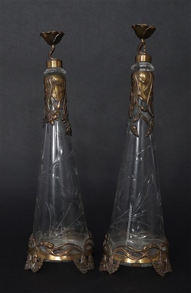 ART NOUVEAU BRASS & CRYSTAL DECANTERS 