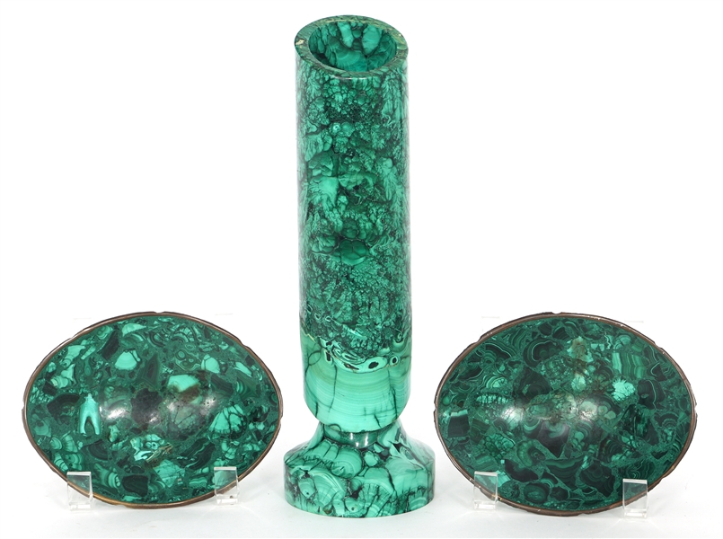 CARVED MALACHITE VASE & DISHES 