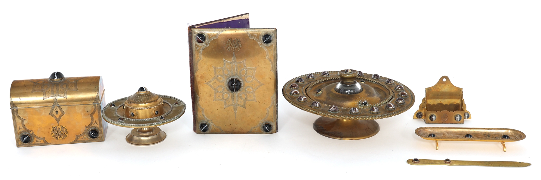 VICTORIAN RENAISSANCE REVIVAL BRASS & AGATE DESK SET