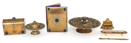 VICTORIAN RENAISSANCE REVIVAL BRASS & AGATE DESK SET