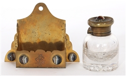 VICTORIAN RENAISSANCE REVIVAL BRASS & AGATE DESK SET