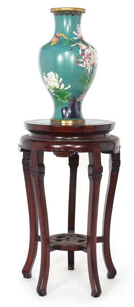 CHINESE CLOISONNE VASE & CLOISONNE ACCENTED PLANT STAND