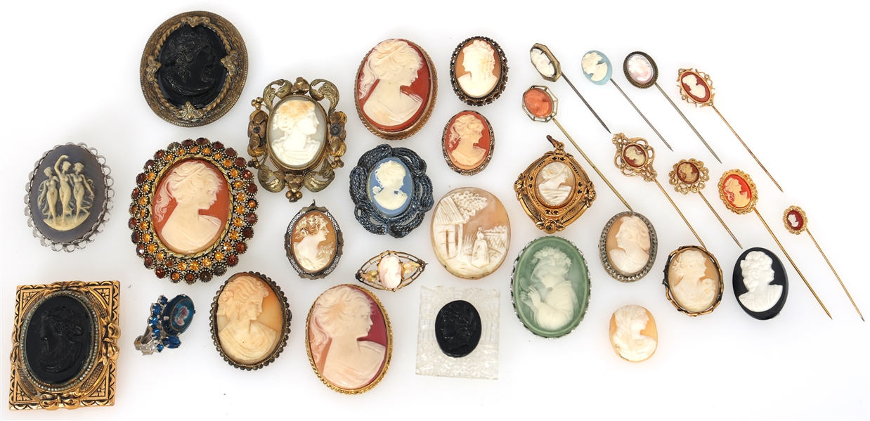 COSTUME JEWELRY SHELL AND COMPOSITE CAMEO PINS 
