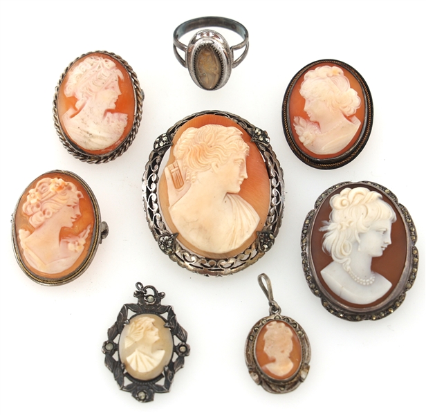 SILVER CAMEO PENDANTS, BROOCHES, & RING 
