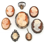 SILVER CAMEO PENDANTS, BROOCHES, & RING 