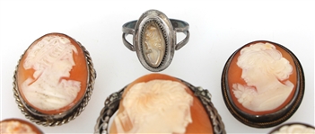 SILVER CAMEO PENDANTS, BROOCHES, & RING 