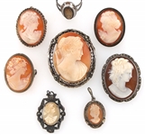 SILVER CAMEO PENDANTS, BROOCHES, & RING 