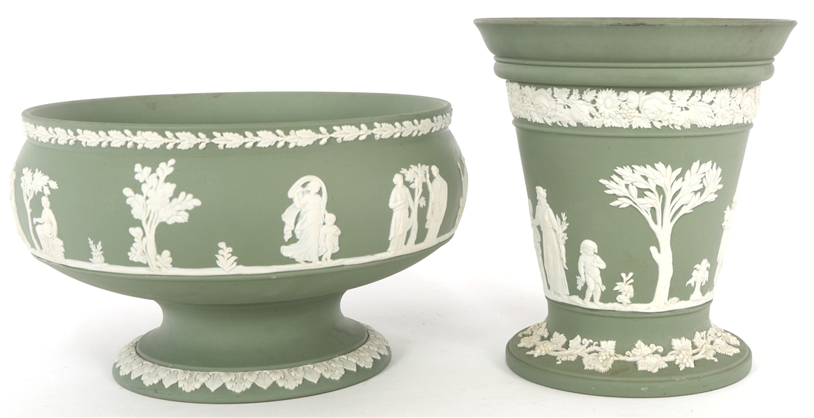 WEDGWOOD GREEN JASPERWARE VASE & BOWL