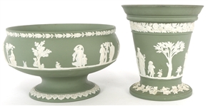 WEDGWOOD GREEN JASPERWARE VASE & BOWL