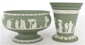 WEDGWOOD GREEN JASPERWARE VASE & BOWL