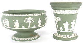 WEDGWOOD GREEN JASPERWARE VASE & BOWL