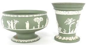 WEDGWOOD GREEN JASPERWARE VASE & BOWL