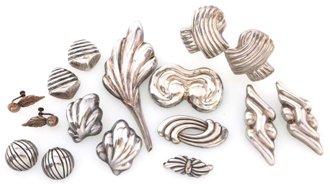 STERLING SILVER TAXCO & OTHER BROOCHES & EARRINGS 
