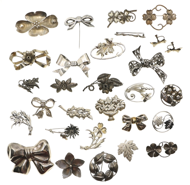 STERLING SILVER FLOWER AND BOW BROOCHES & EARRINGS