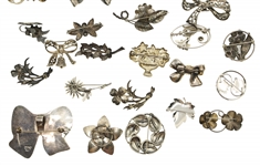 STERLING SILVER FLOWER AND BOW BROOCHES & EARRINGS