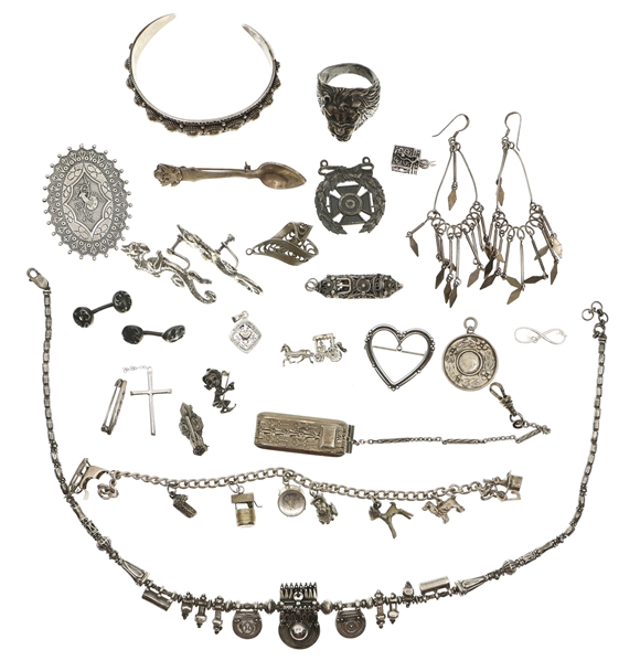 STERLING SILVER NECKLACE, EARRINGS, & BROOCHES