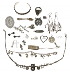 STERLING SILVER NECKLACE, EARRINGS, & BROOCHES