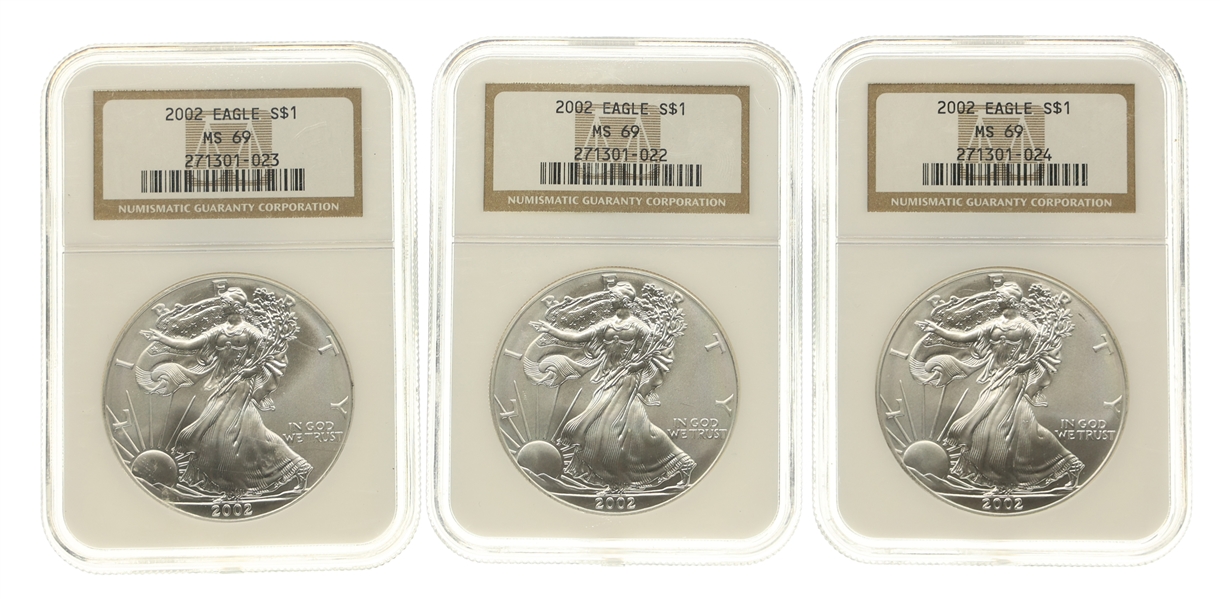 2002 AMERICAN EAGLE 1 OZ FINE SILVER COINS NGC MS69