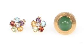 14K YELLOW GOLD MULTI-STONE EARRINGS AND TIE PIN