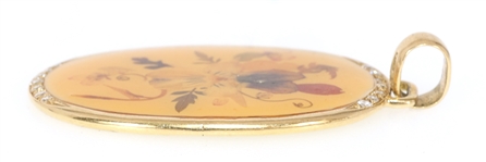 18K YELLOW GOLD AND DIAMOND FLORAL RESIN PENDANT
