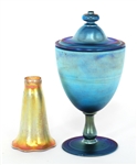 L.C. TIFFANY ART GLASS LAMPSHADE AND COMPOTE