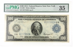 1914 US $100 FEDERAL RESERVE NOTE NEW YORK Fr.1091 PMG
