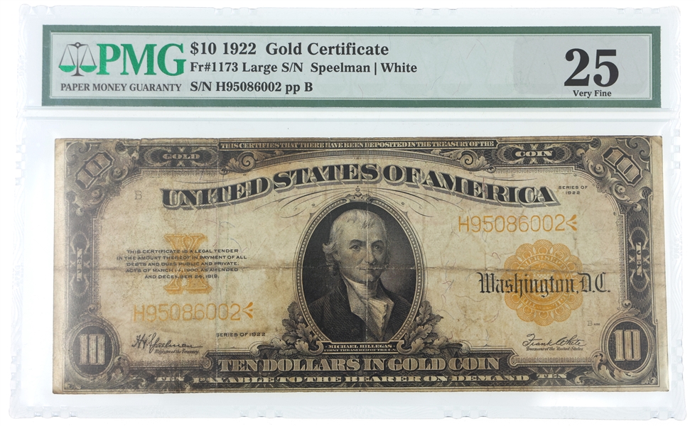 1922 US $10 GOLD CERTIFICATE NOTE Fr.1173 PMG VF25