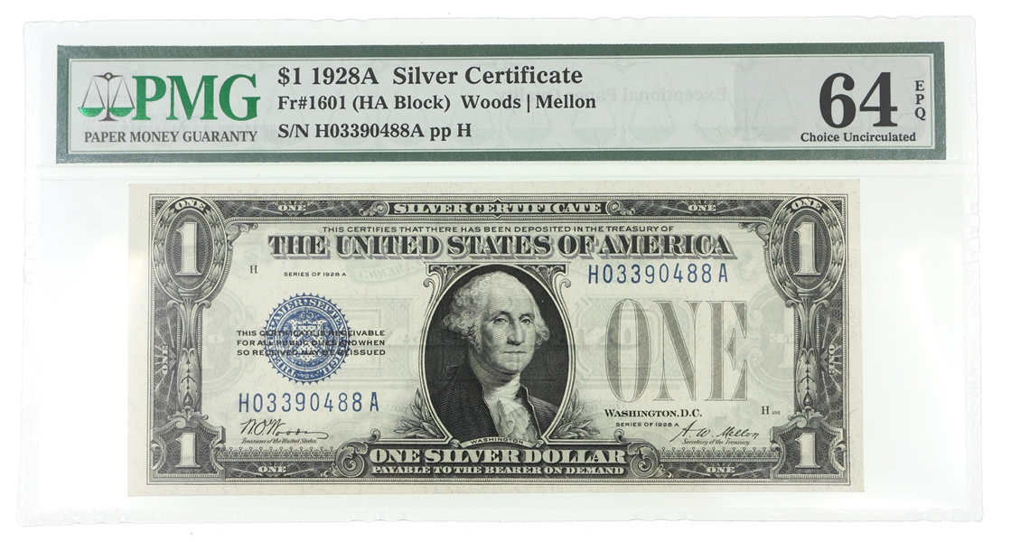 1928A US $1 SILVER CERTIFICATE Fr.1601 PMG CHOICE UNC64
