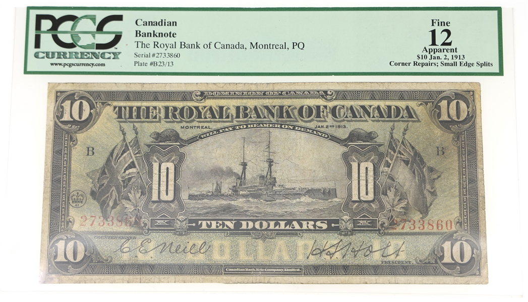1913 ROYAL BANK OF CANADA $10 NOTE PMG F12