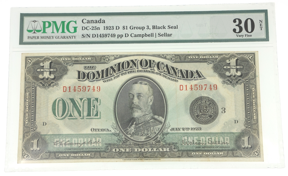1923D CANADA DC-25N $1 NOTE BLACK SEAL GROUP 3 PMG VF30