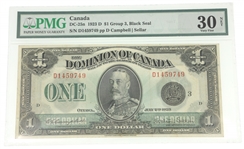 1923D CANADA DC-25N $1 NOTE BLACK SEAL GROUP 3 PMG VF30