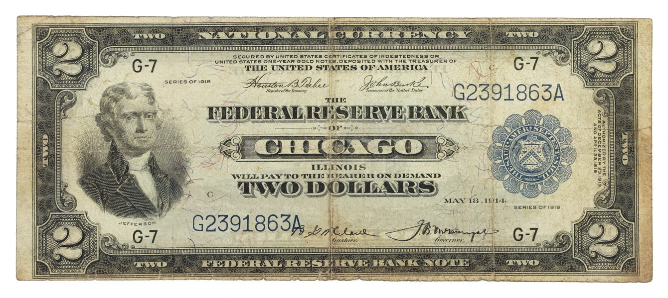1918 US $2 FEDERAL RESERVE CHICAGO NOTE Fr.765 