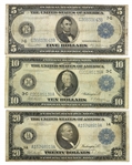 1914 US $5 $10 $20 FEDERAL RESERVE NOTES 