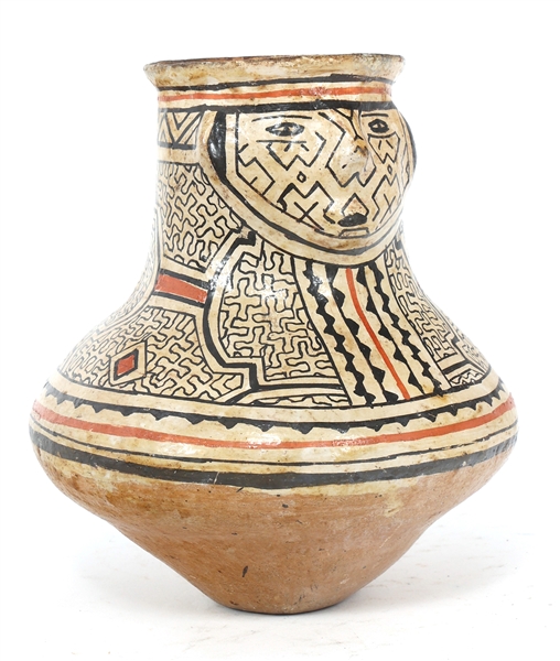 PERUVIAN SHIPIBO POTTERY AINBO CHOMO WATER VESSEL