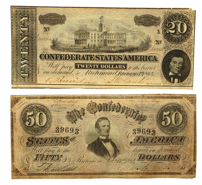 1864 $10 & $20 CONFEDERATE STATES OBSOLETE NOTES